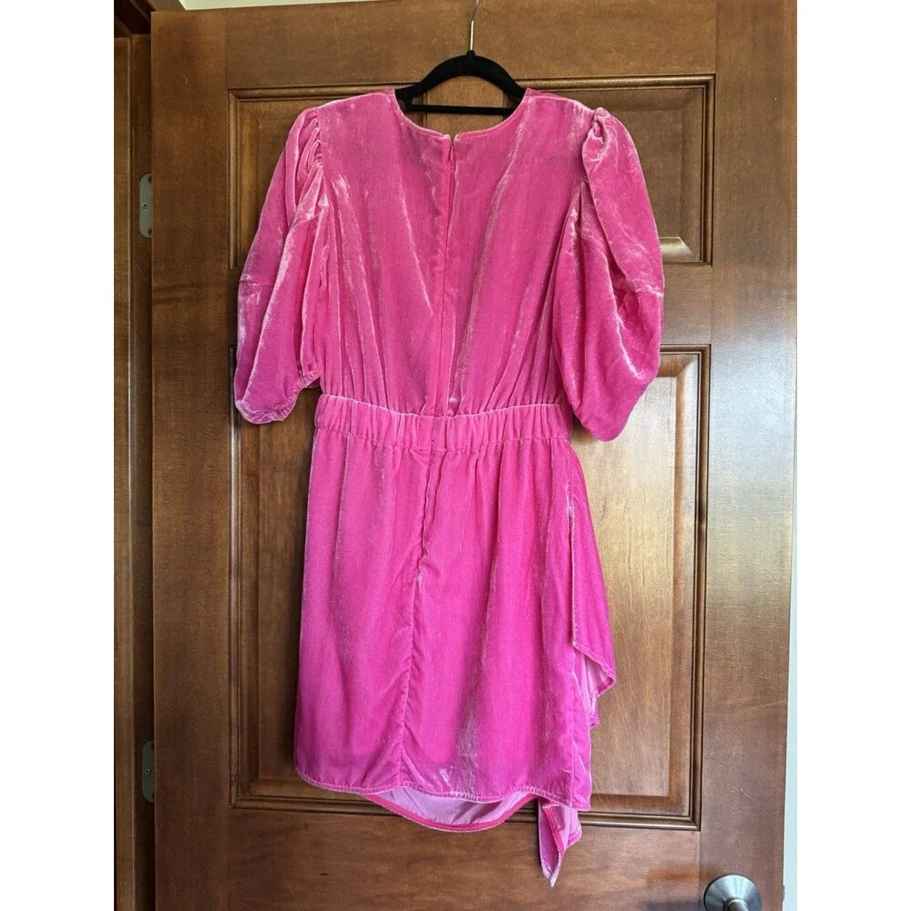 RHODE Pink Velvet Puff Sleeve Draped A-Line Mini Dress Size 2 Crew Neck